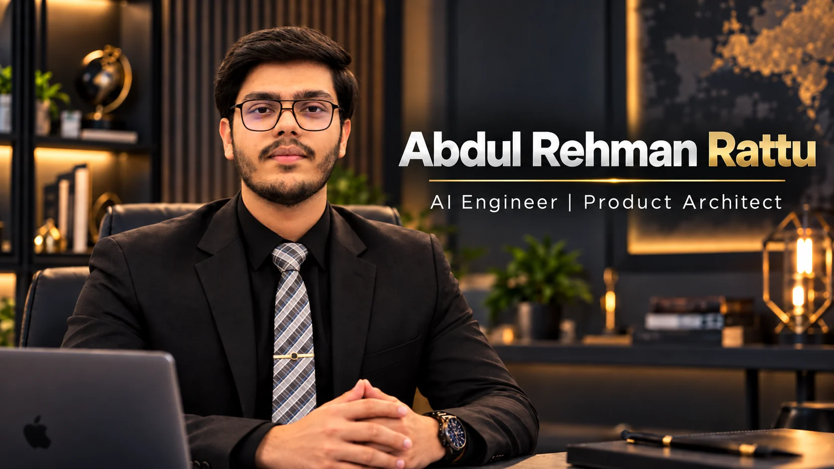 Abdul Rehman Rattu seated at a desk in a dark suit, with his name and AI Engineer | Product Architect title on a warm black and gold background
