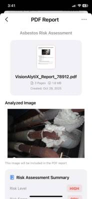 VisionAlytiX PDF report screen with the analyzed material image and assessment summary