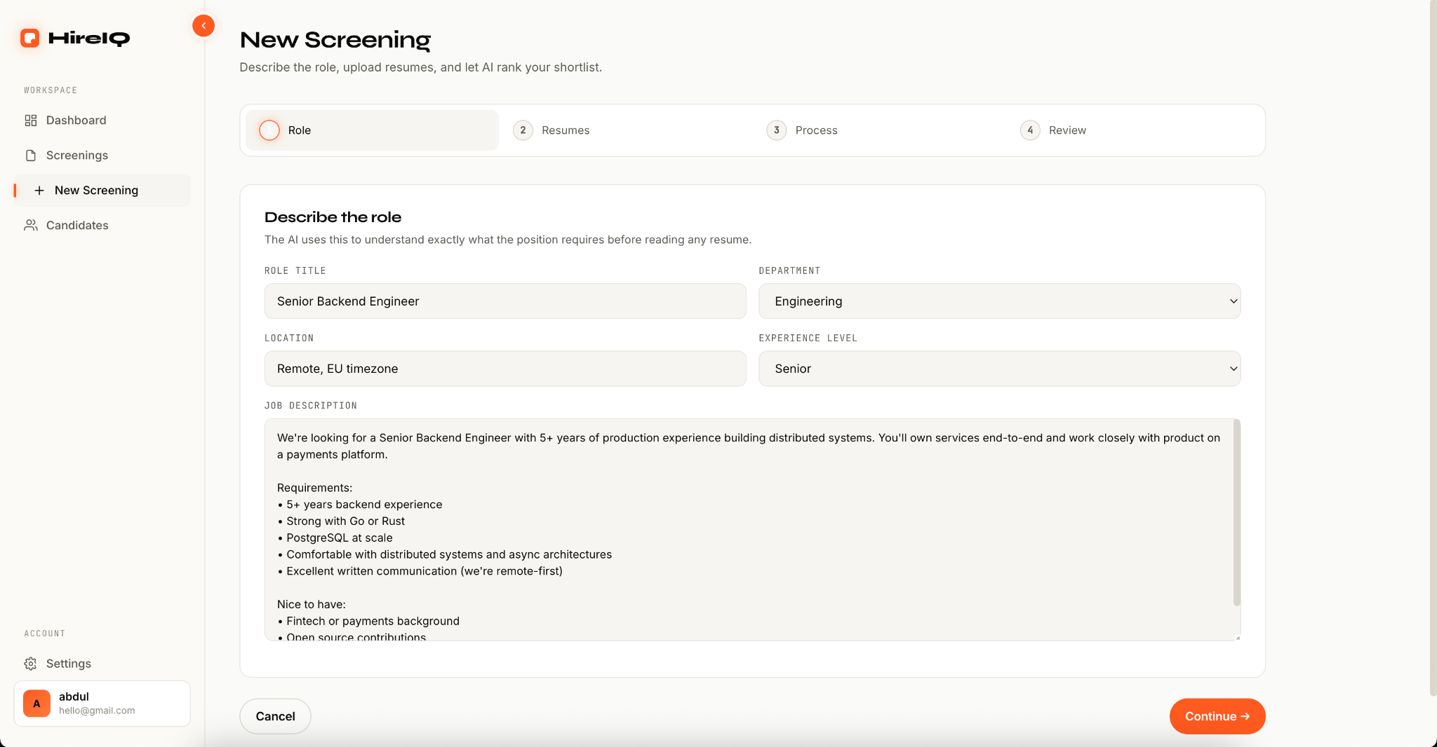 HireIQ new screening workflow with role details and job description