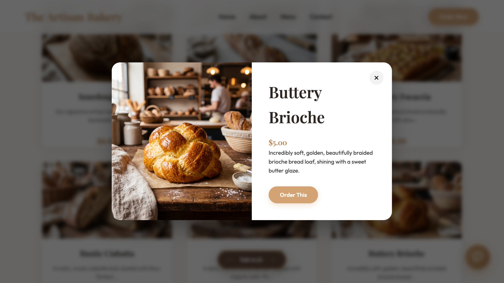 Restaurant Agentic AI product detail modal showing an item, price, and ordering action