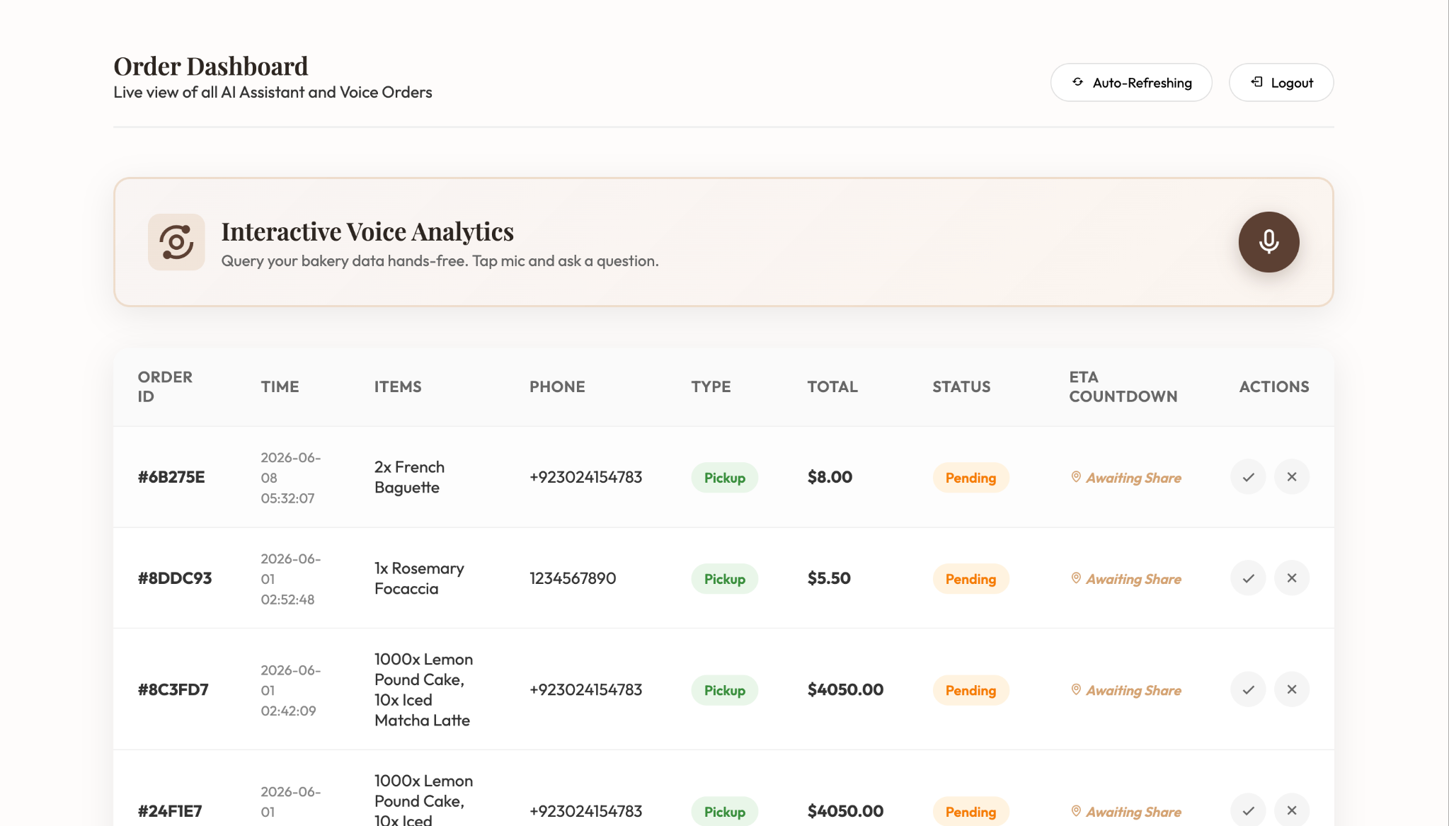 Restaurant Agentic AI order dashboard with status, ETA, and actions
